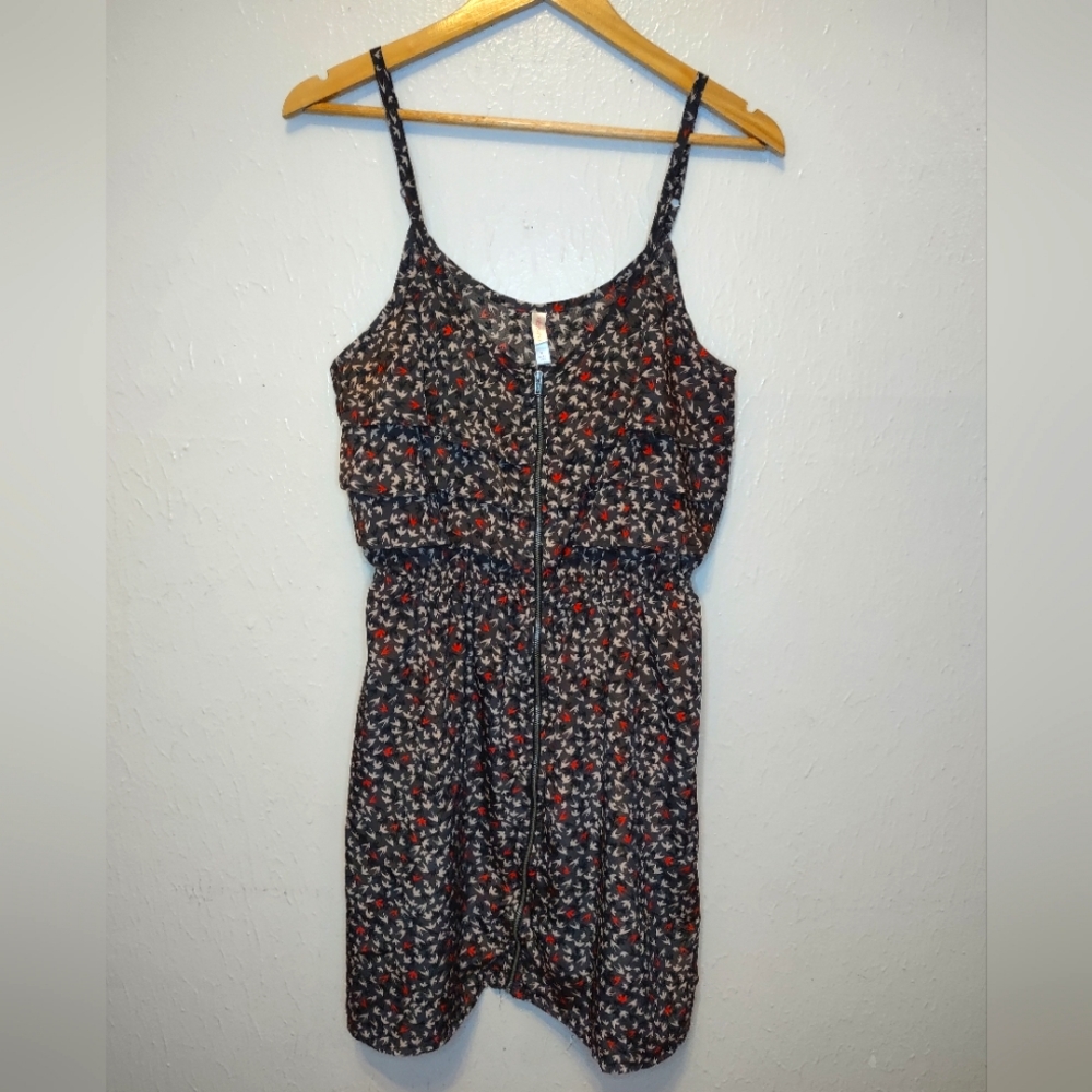 Y2K Zip Front Spaghetti Strap Bird Pattern Dress Skater/Grunge Above The Knee...
